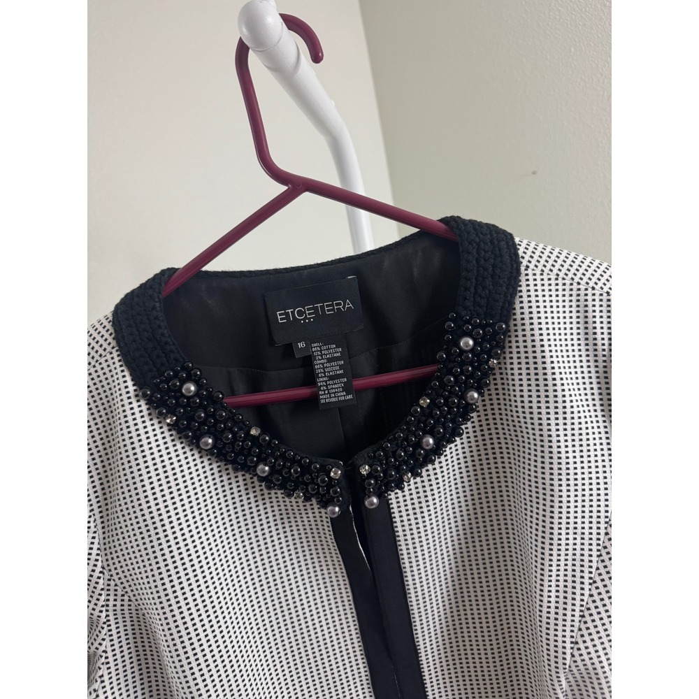 ETCETERA Black White Beaded Pearl Neck Check Cropped Jacket Blazer Size 16 - Picture 3 of 7